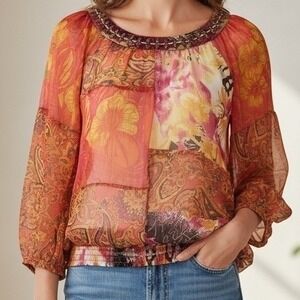 VTG Boho Patchwork Womens Top M Orange Sheer Paisley Floral Artsy Retro Hippie